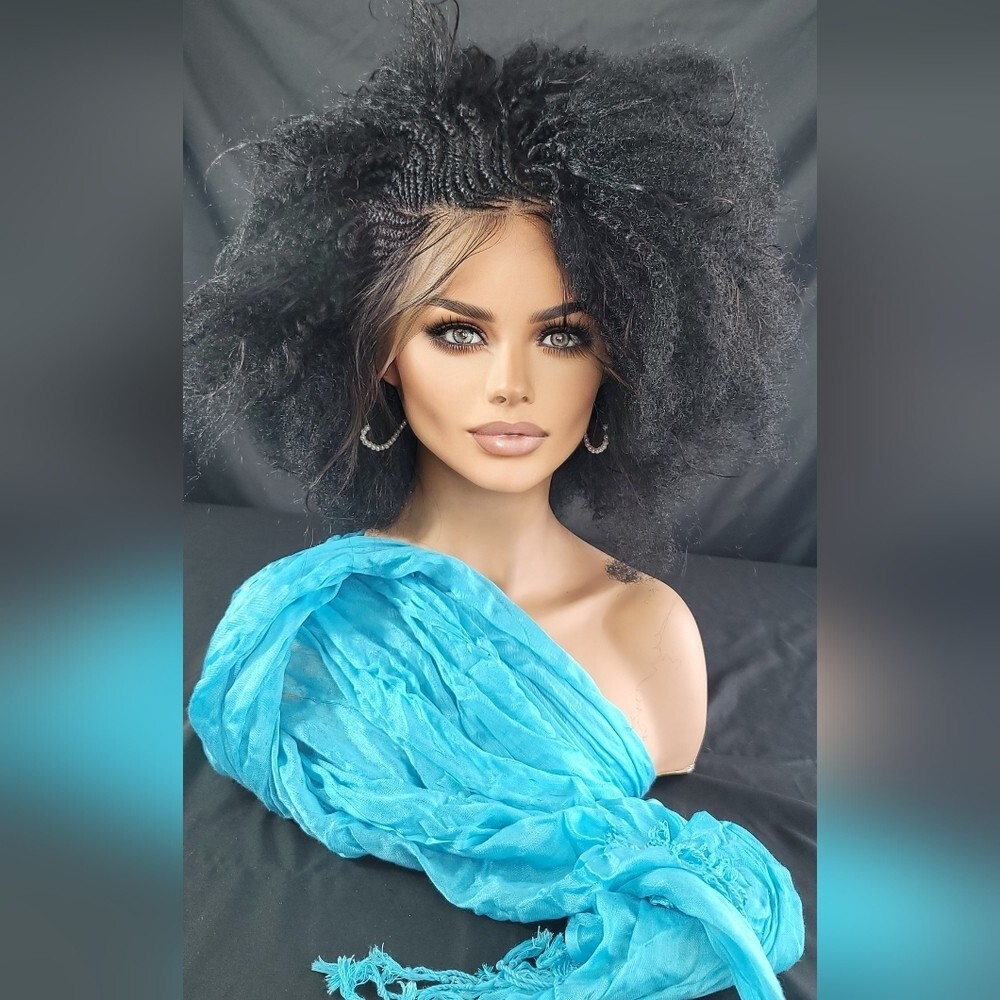 Braided Wig Short Afro Kinky Black Lace Front Glueless Baby Hair 4″ Handmade NWT