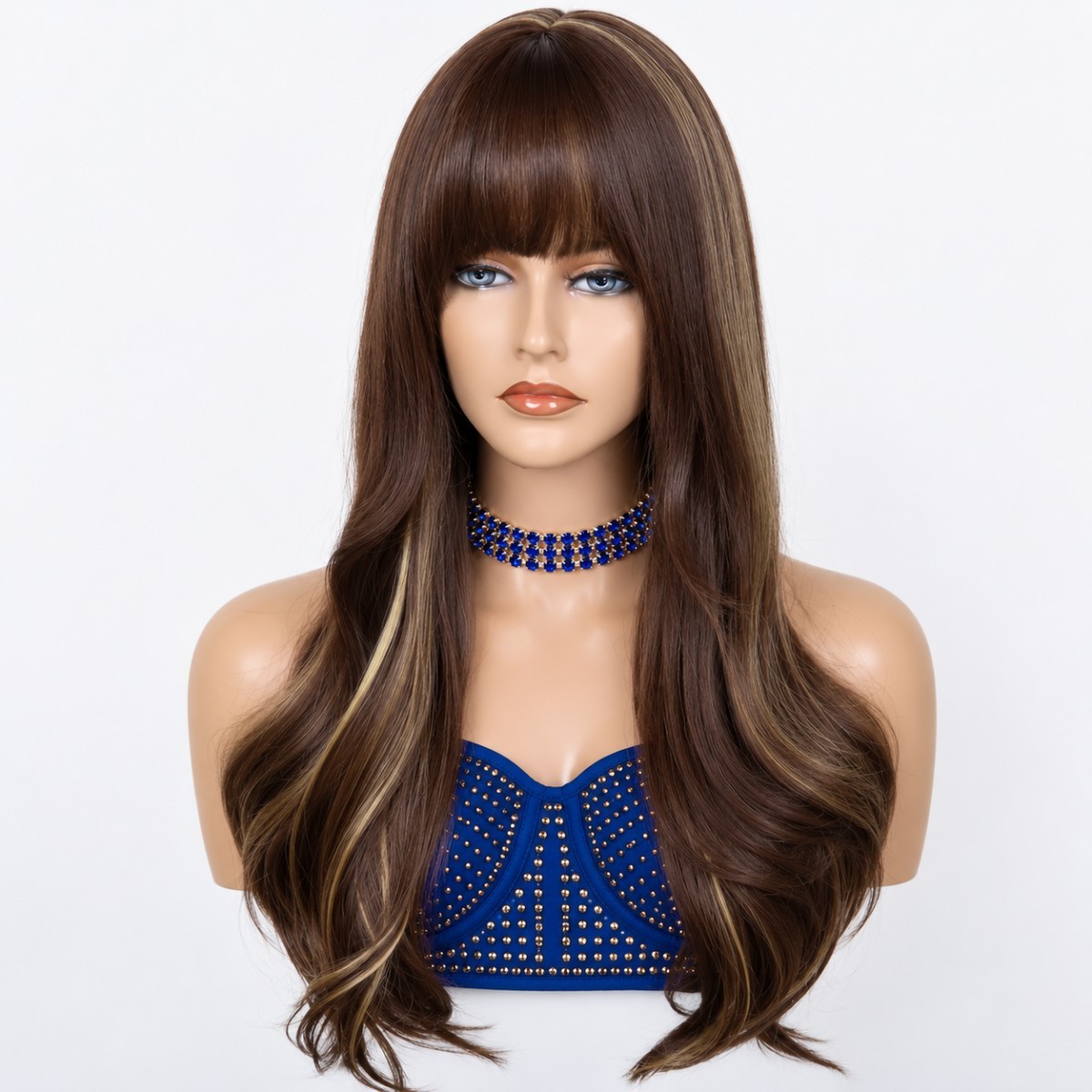 Long Wavy Mixed Brown Cosplay Wig With Bangs Synthetic Hair Heat Resistant