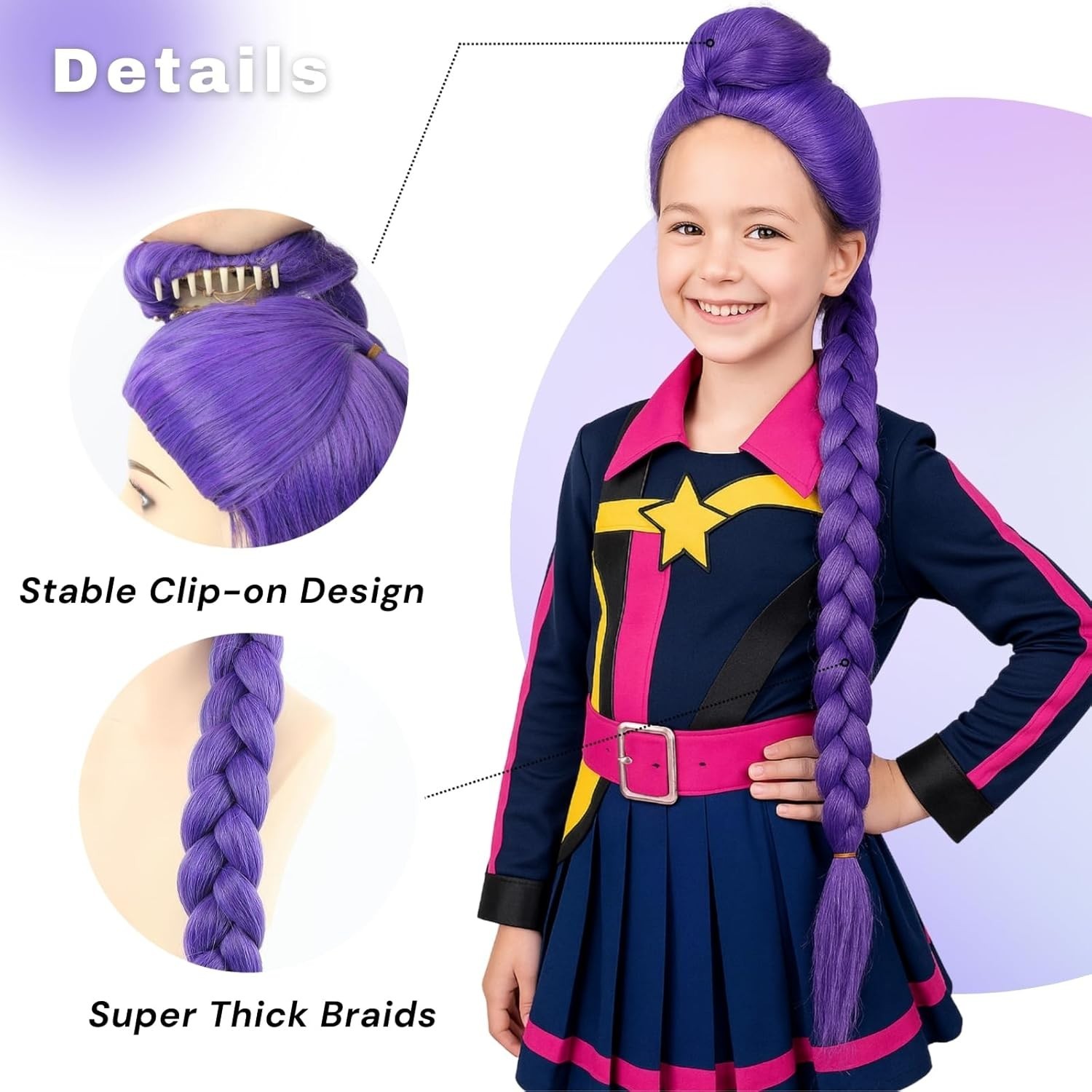 KPop Demon Hunter Rumi Wig Kid Size Purple Long Braided Ponytail Halloween