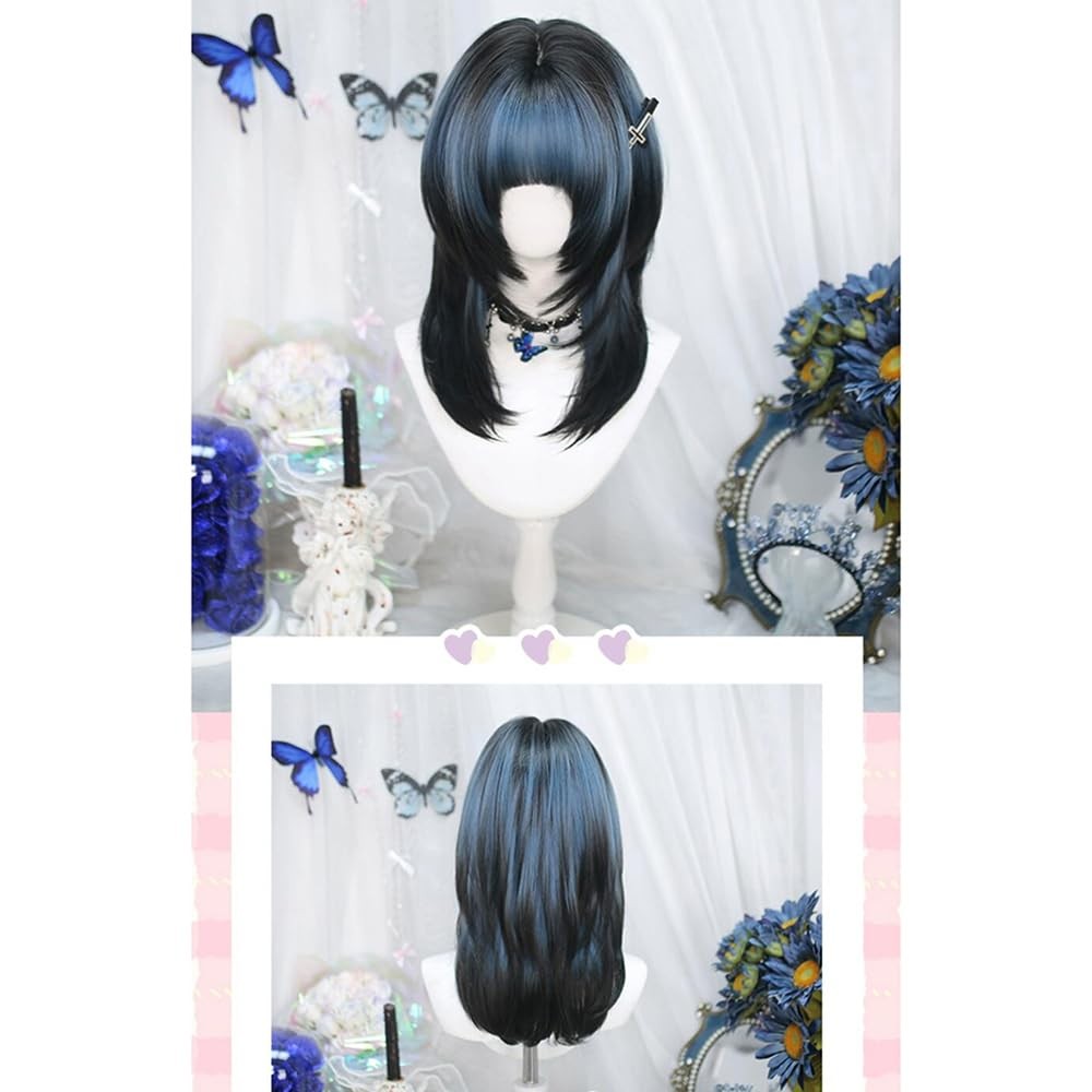 Black Blue Gradient Jellyfish Head Hairpiece Ombre Long Hair with Bangs Kawai…