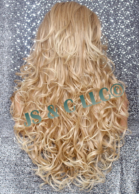 Human Hair Blend Wig Heat OK Curly Long Blonde mix Bangs Layered 27-613 NWT WBBT