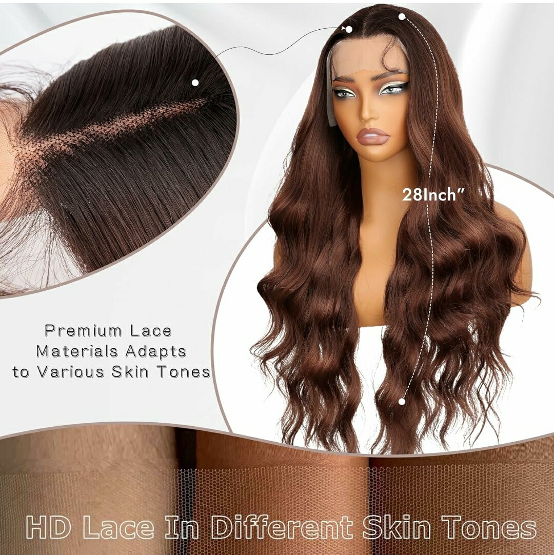 HD Lace Front Wig Human Hair Blend Highlights Curly Natural Medium BROWN