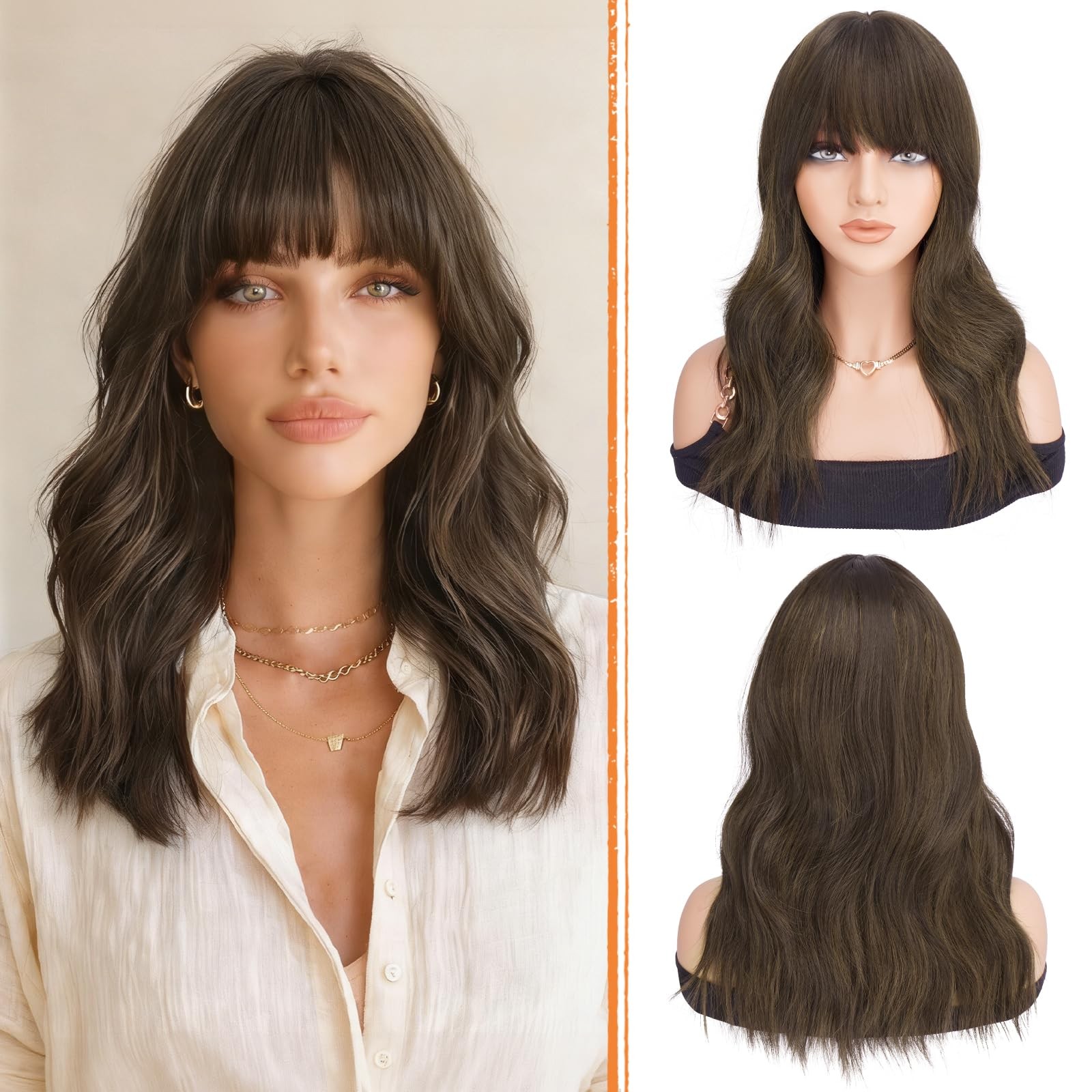 Haloo Brown Wigs Bangs – 19 Inch Natural Wavy Synthetic Heat Resistant Medium