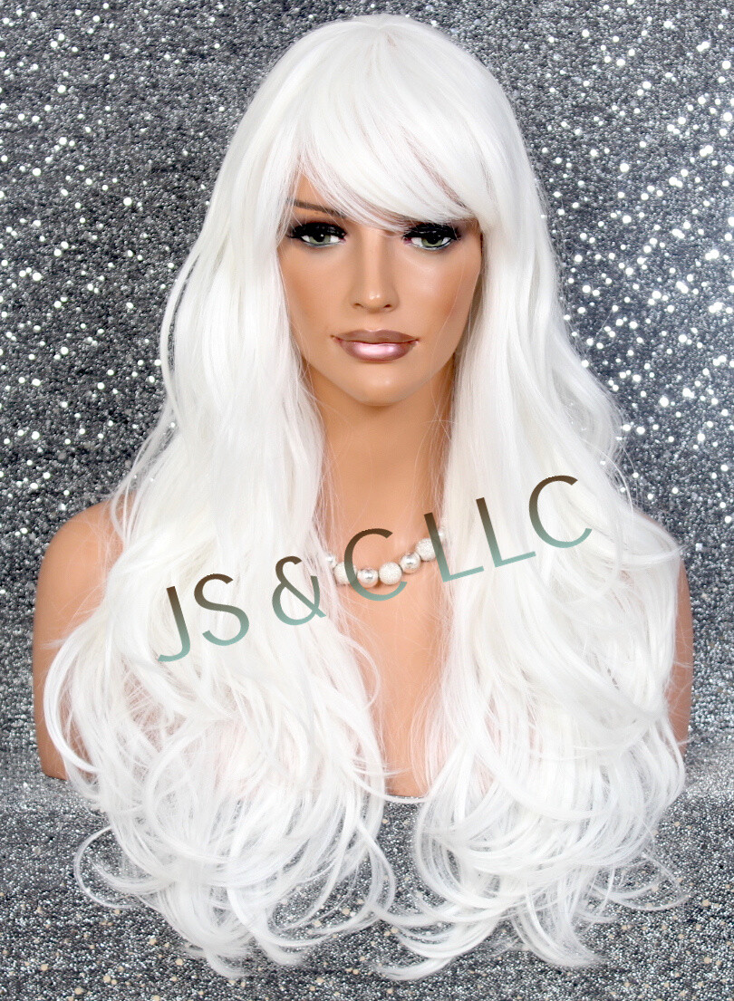 Human hair Blend Full Wig White LOng slightly Wavy Layers Bangs Heat OK WBKT