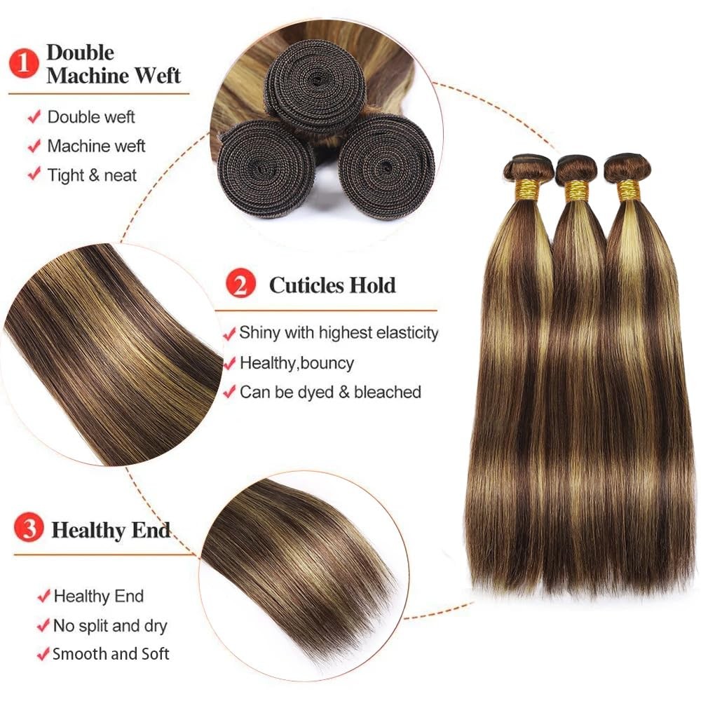 Dokksiiia Ombre Straight Bundles Human Hair P4/27 Dark Brown And Honey Blonde