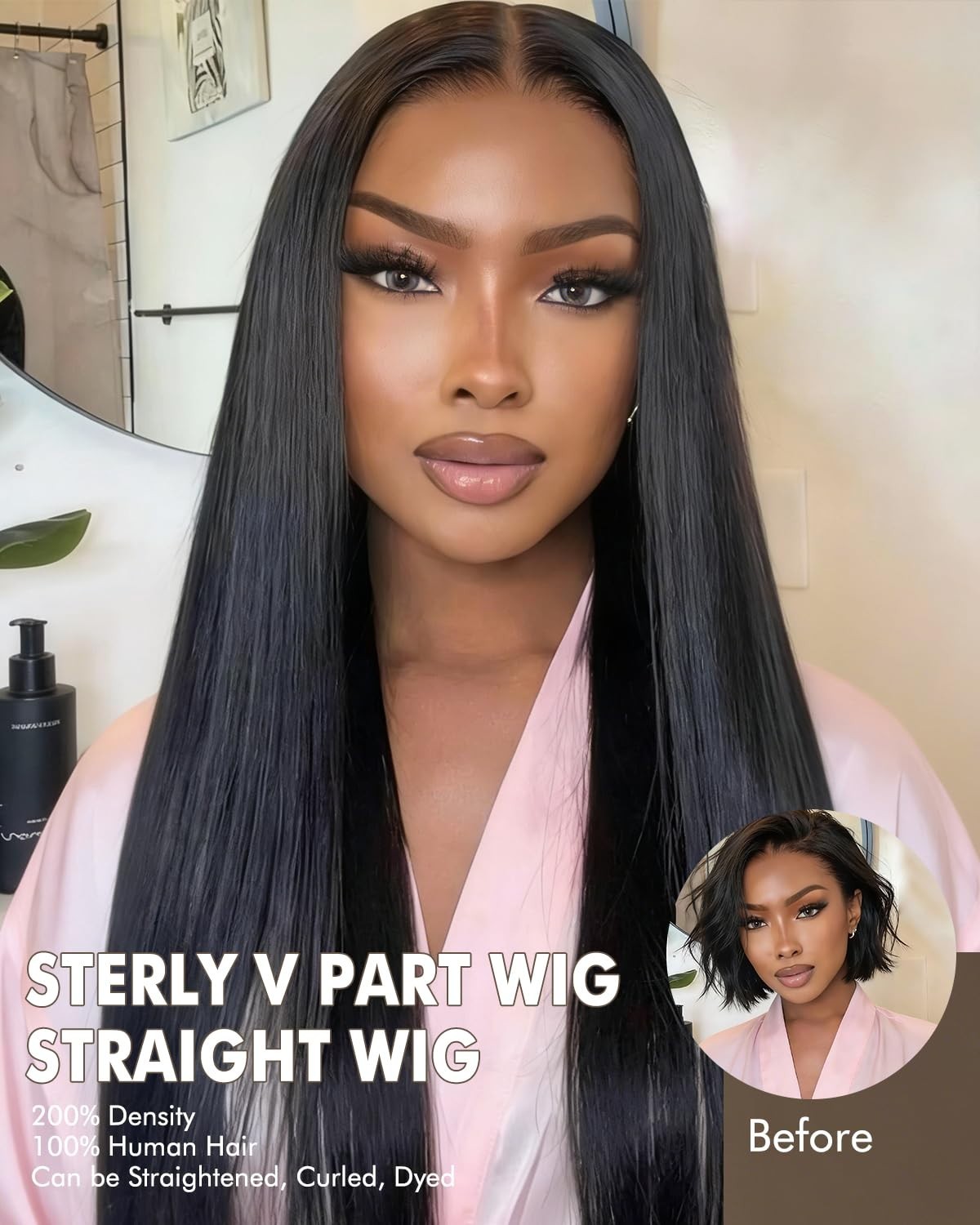 200% Density Straight V Part Wig Human Hair, No Sew Glueless Clip In Half Wig 16