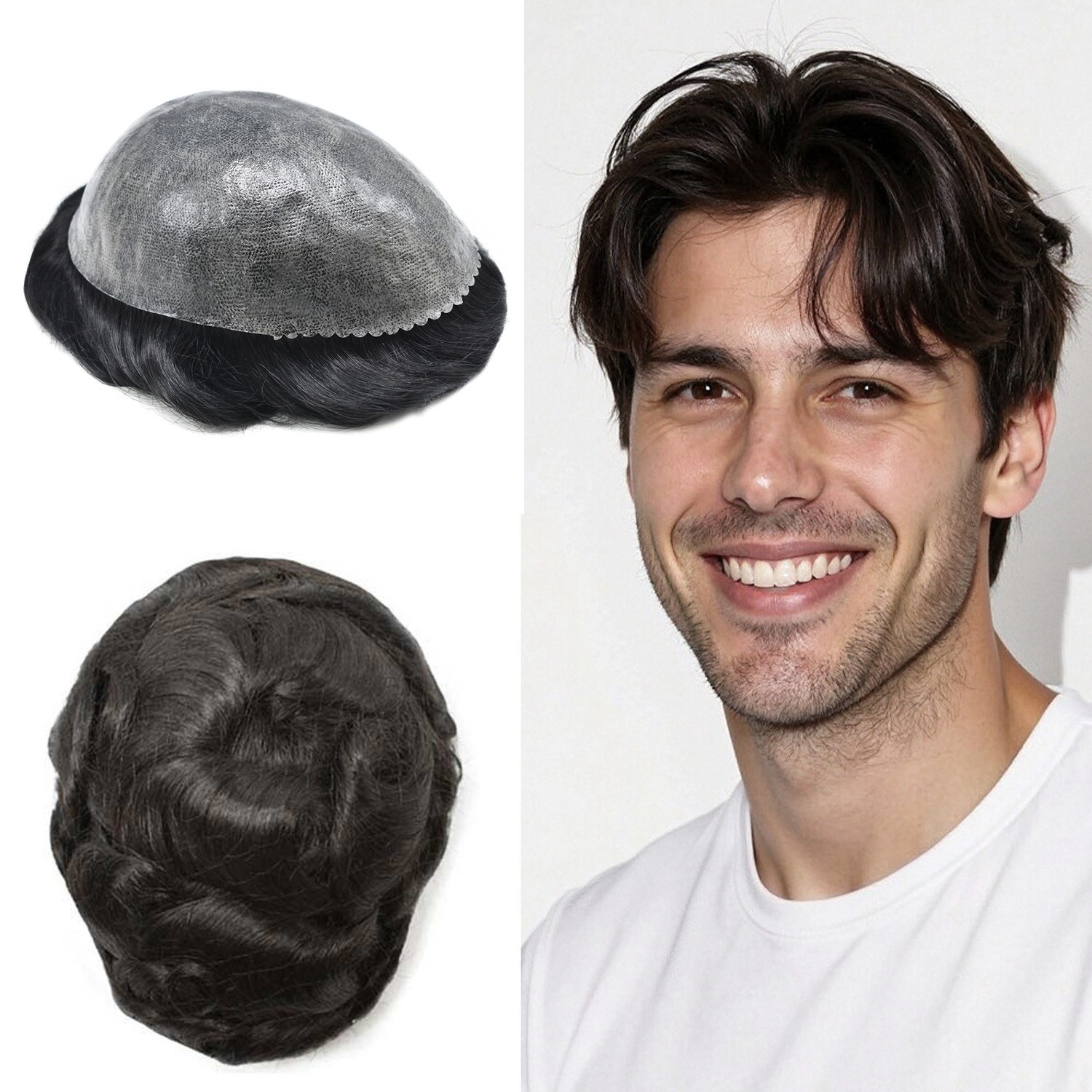 0.1MM All Poly Toupee for Men Human Hair Replacement System Mens Hair Piece Wig