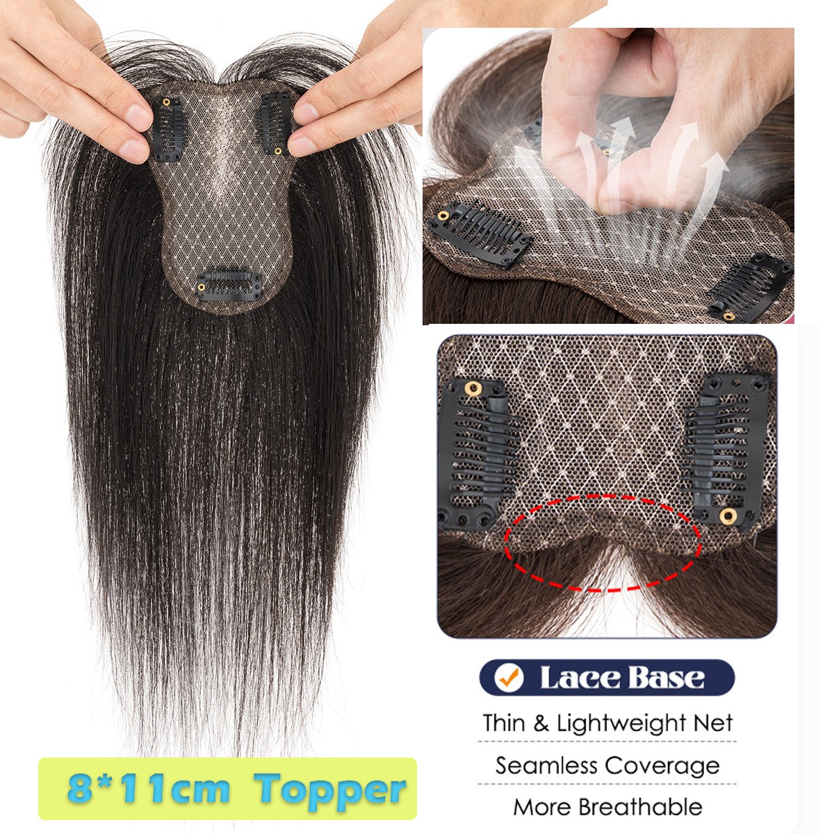 Top Lace Women Topper Clip In Remy Human Hair Toupee Hairpiece Bangs Lightweight