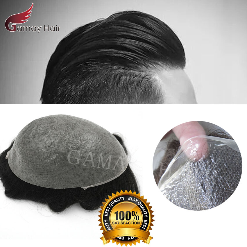 Mens Toupee Ultra Thin Skin Invisible Poly PU Wig 0.04mm Human Hairpiece for Men