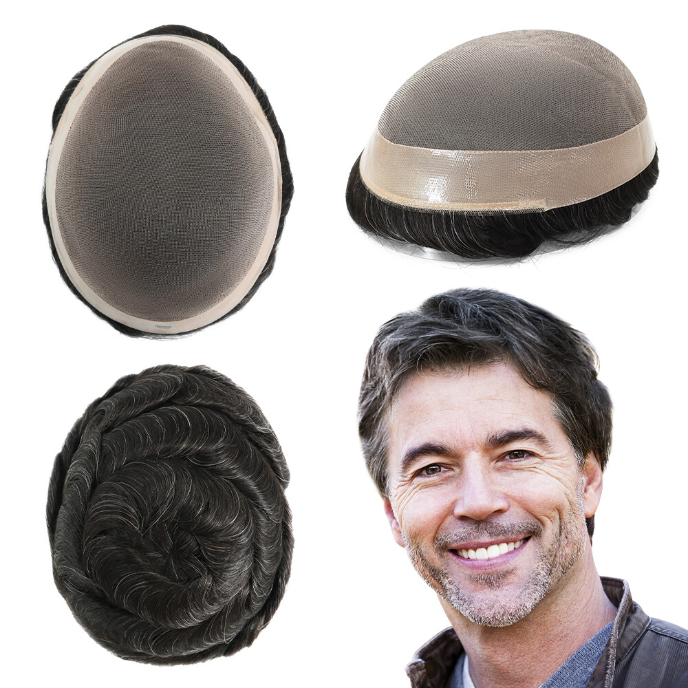 Mens Toupee Fine Mono Hair Replacement System Poly Skin Grey Hairpiece 8×10