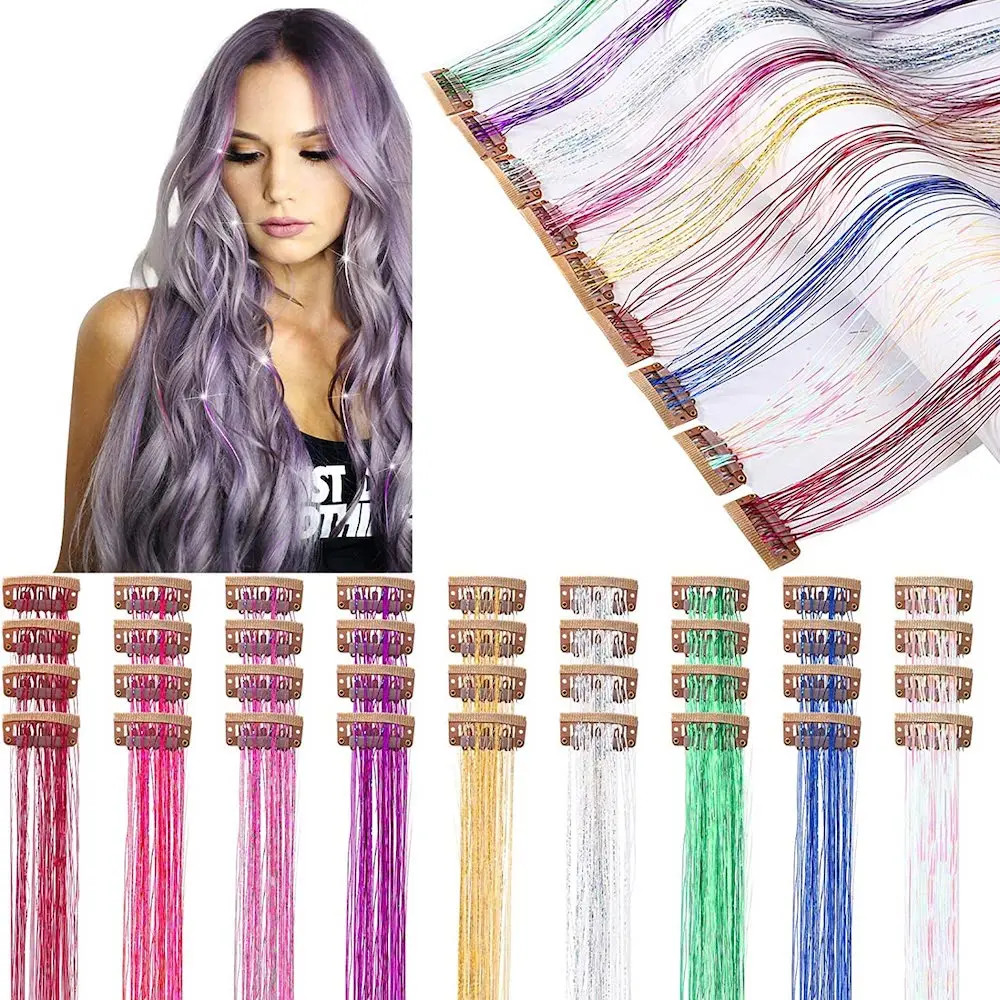 50cm Sparking Shiny Hair Tinsel Extensions Synthetic Clip In Hair Extensions