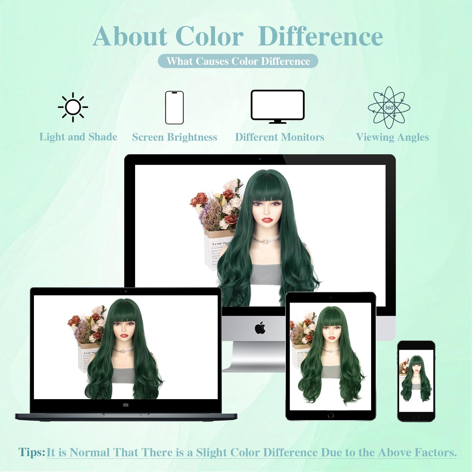 Dark Green Wig With Bangs, 26 Inch Long Natural Looking Hair for Women, Middl…