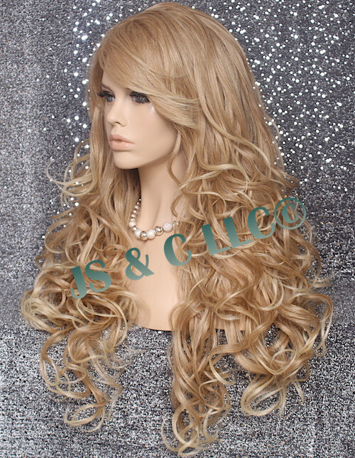 Human Hair Blend Wig Heat OK Curly Long Blonde mix Bangs Layered 27-613 NWT WBBT