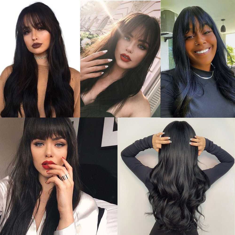 Cosplay Wig With Bangs Heat Resistant Hair Long Wavy Layered Women Black