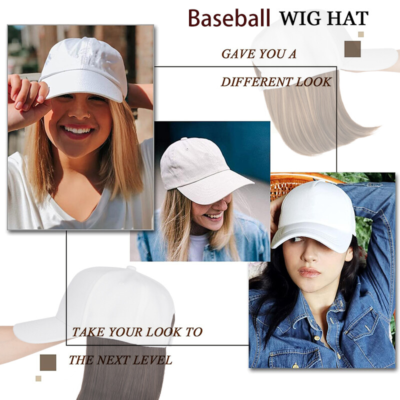 Baseball Hat Black White Red Cap with Hair Long Wavy Wigs Bucket Hat for Women