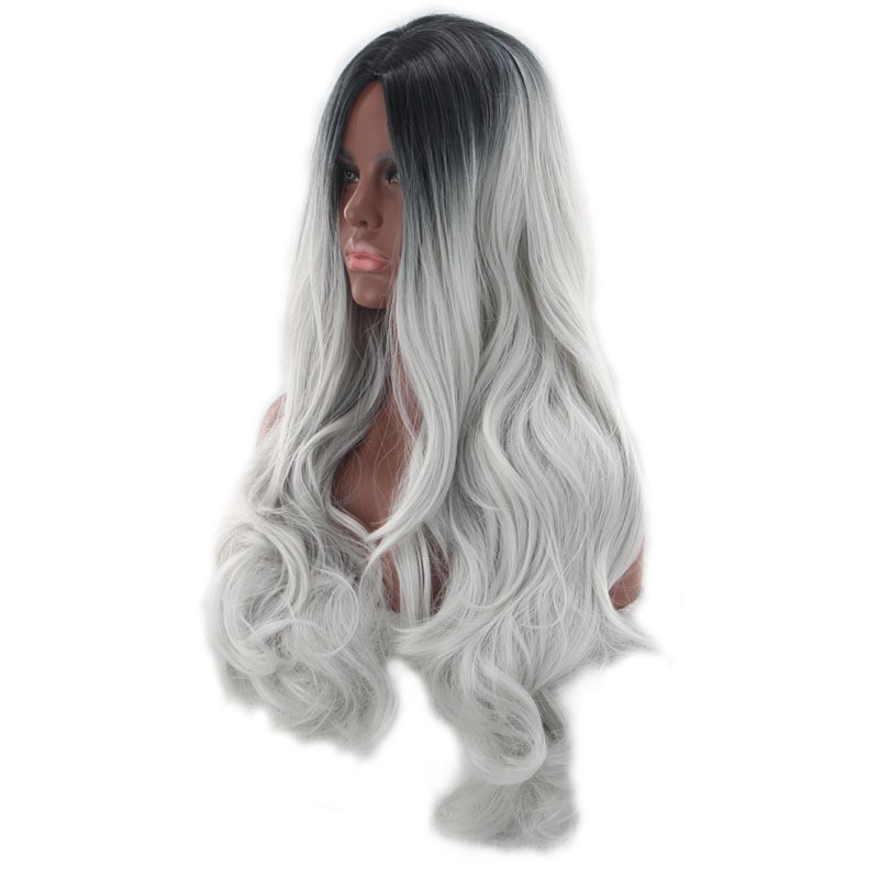 Highlight Ombre Black Grey Long Curly Double Ponytail Wig Harajuku Cosplay Wig