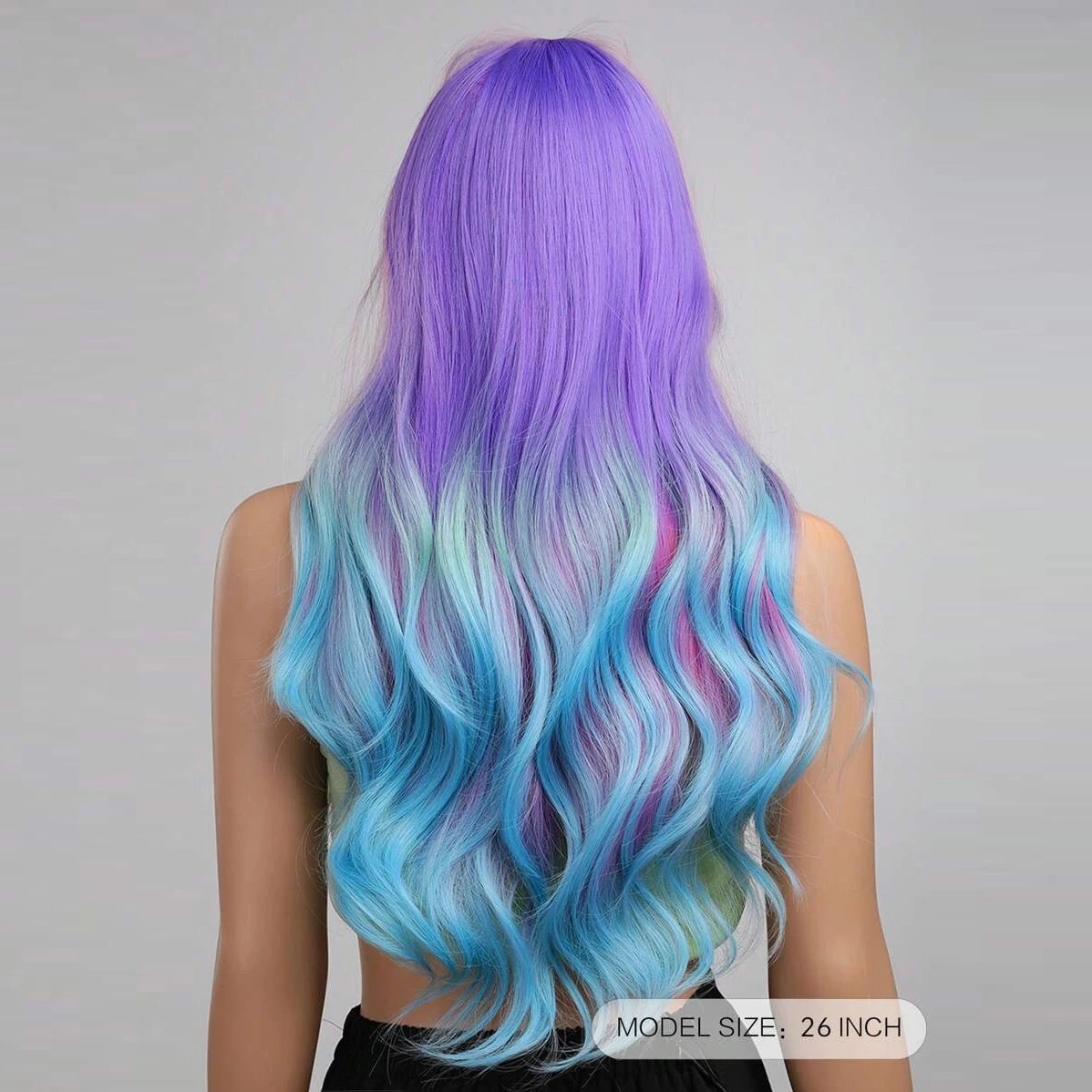 26″ Pastel Rainbow Ombre Long Wavy Wig with Bangs Pink Purple Blue Synthetic