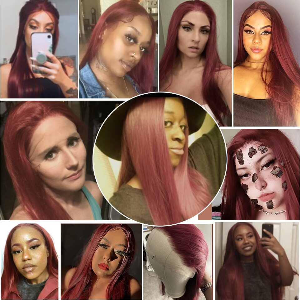 13x4Transparent LaceWigs Synthetic Straight Burgundy Wig Pre Pluck HeatResistant
