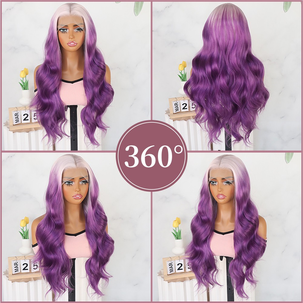 Body Wave Lace Front Wigs Ice Pink Ombre Purple Hair Long Wavy Heat Safe Natural