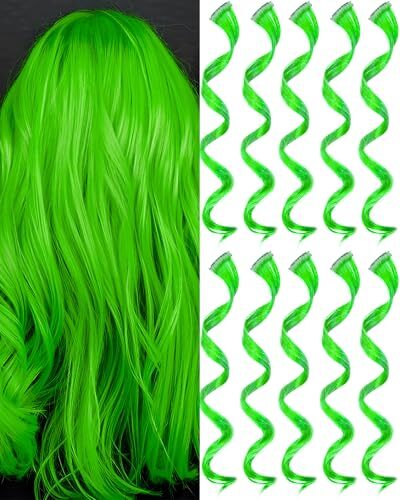 10 PCS Green Hair Extensions, Curly Wavy Synthetic Hairpieces Clip 10 PCS-Green