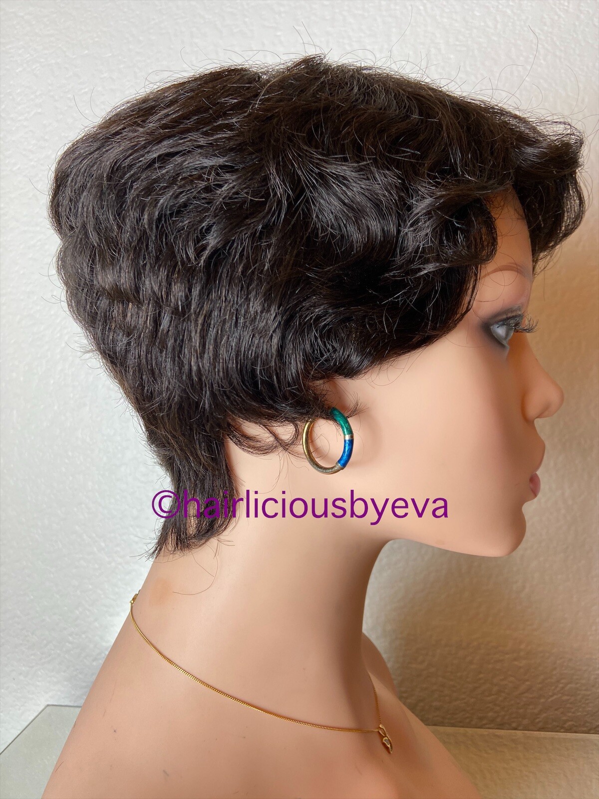 Human Hair Short Pixie Wig Buzz Cut Curly Dark Brown Color 2
