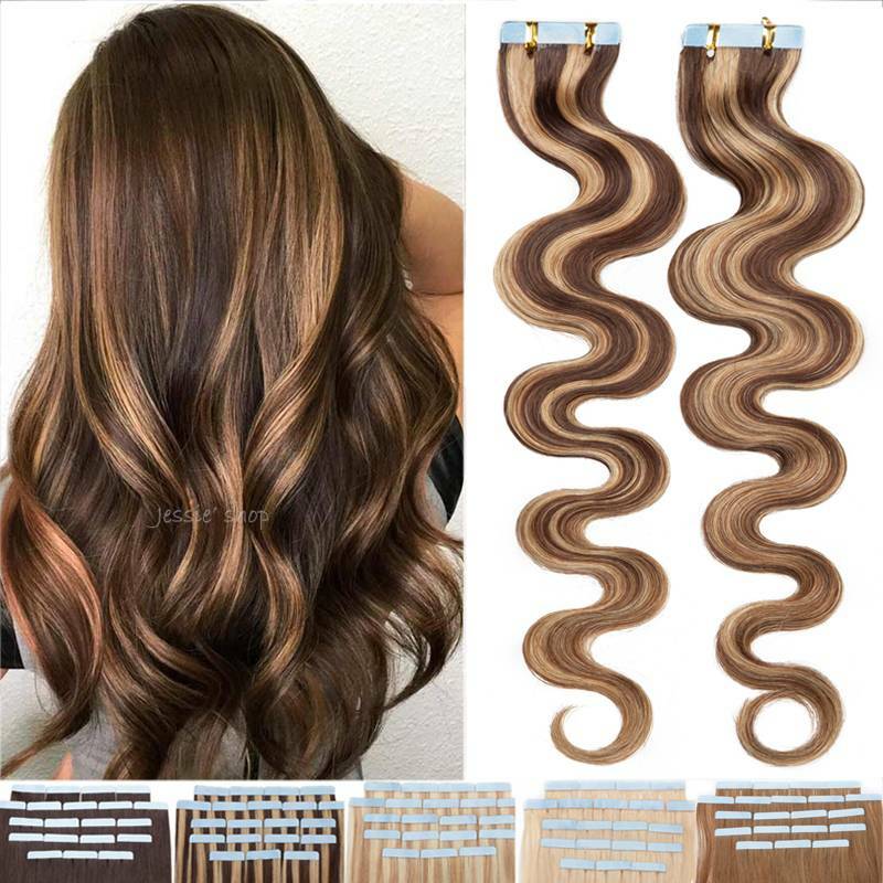 20pcs Tape In Real Remy Human Hair Extensions Glue Skin Weft Highlight Body Wave