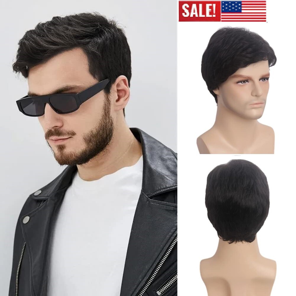Black Men Wig Short Wigs for Mens Straight Little Wavy Synthetic Layer Hair US