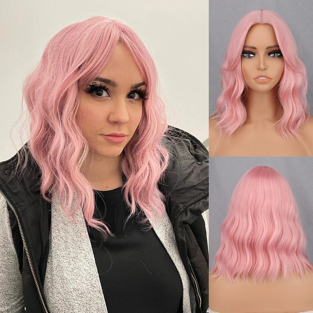 New Short Brown Synthetic Wig Women’s Bangs Dark Blue Pink Black Wig Party Use