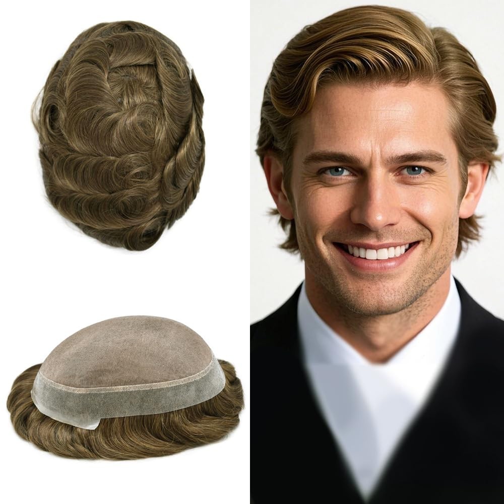 Mens Toupee Hairpiece Durable Fine Mono Poly Human Hair Replacement System