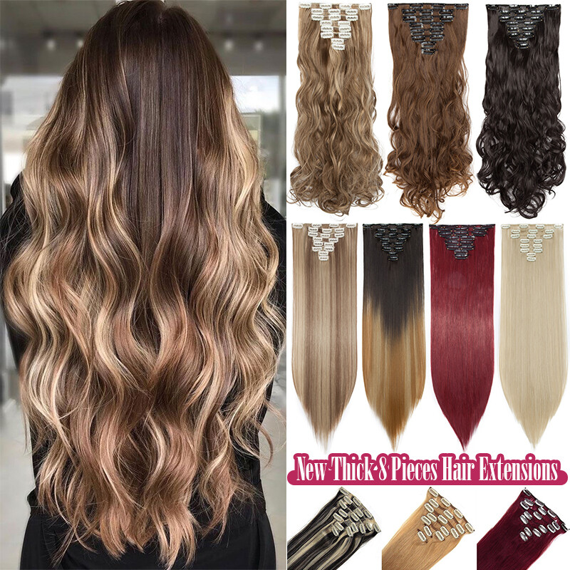 100% Real Natural Clip in Hair Extensions Full Head 8 Piece Set Long vie Human