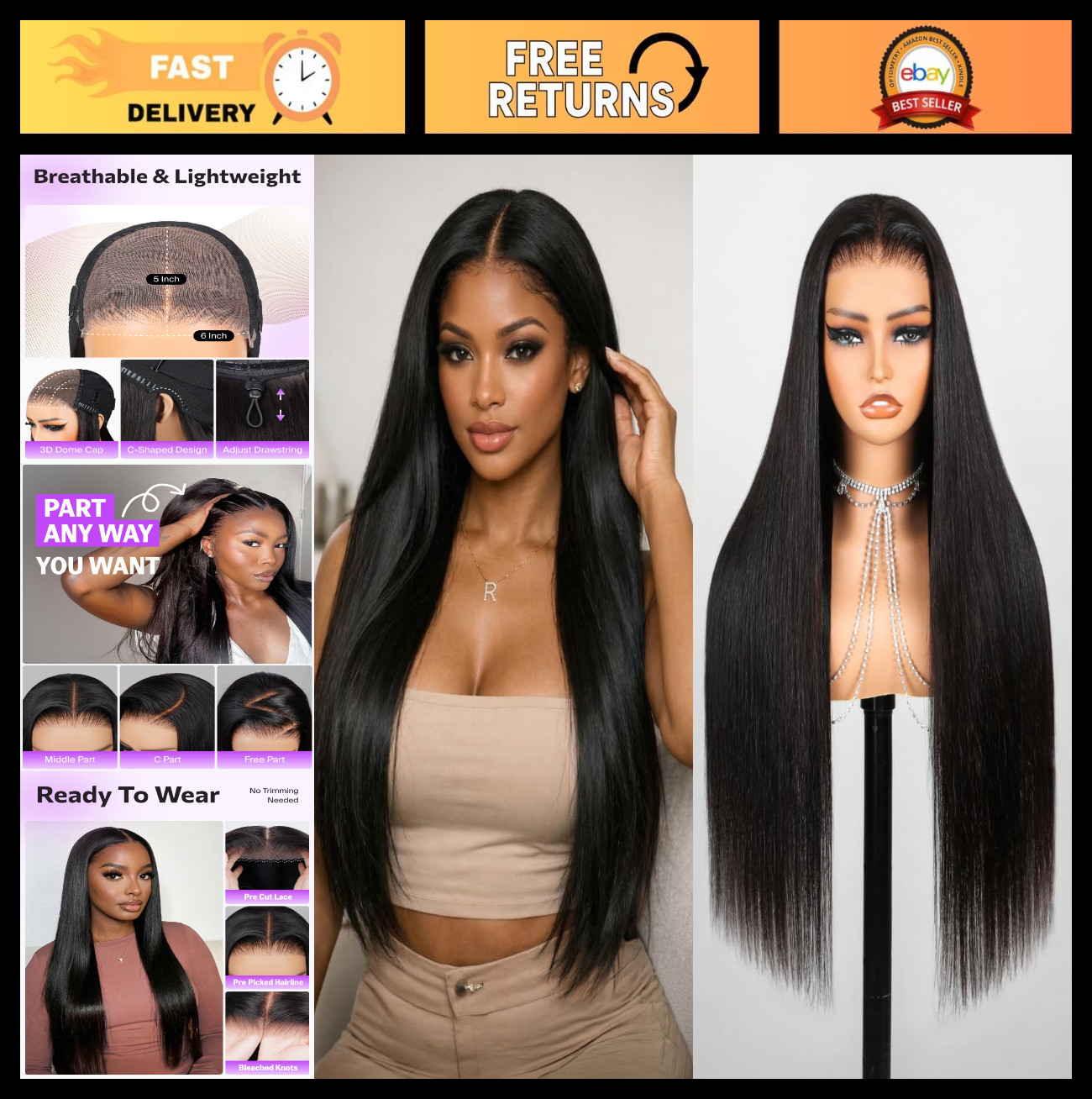 20 Inch Glueless Lace Front Wig – 220% Density, Pre Plucked, Straight Human Hair