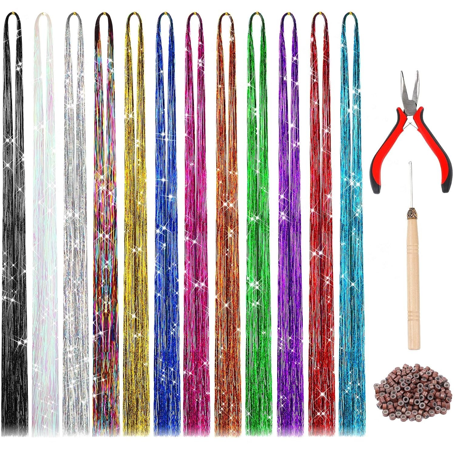 Customizable 47 Inch Tinsel Hair Extension Kit – 2400 Sparkling Strands Included