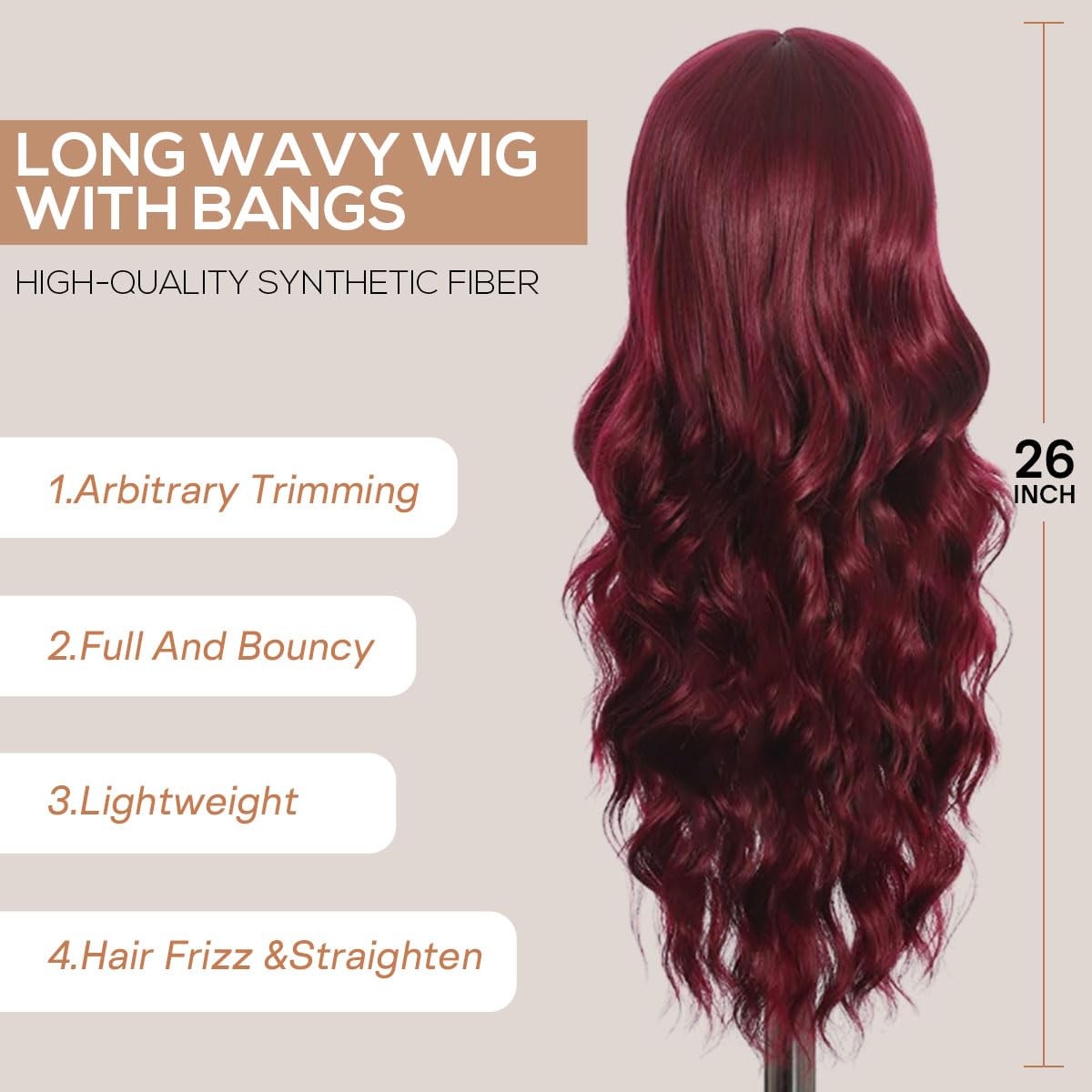 Burgundy Red Wig with Bangs 26 Inch Long Curly Wavy Wigs for Women Begineer-f…