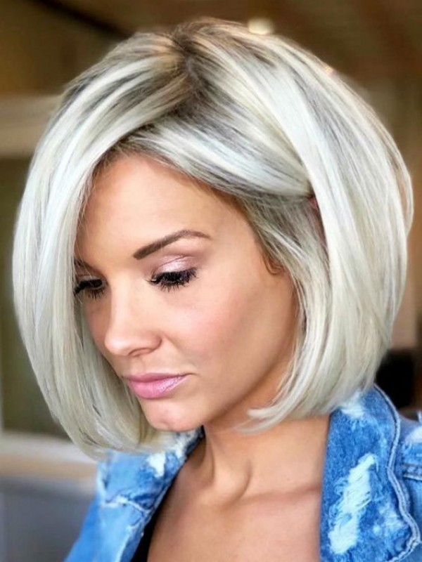 Short Bob Hairstyle Platinum Blonde Rooted Mix Synthetic Wigs Women Soft Daily