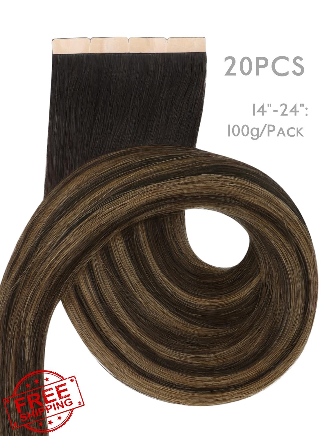 Wennalife 8cm Tape Hair Extensions 24 inch 100g 20pcs Balayage Dark Brown Che…