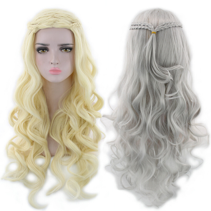 Women’s Wavy Curly Wig Long Ladies Hair Fluffy Wig Grey Blonde Wigs+Wig Cap