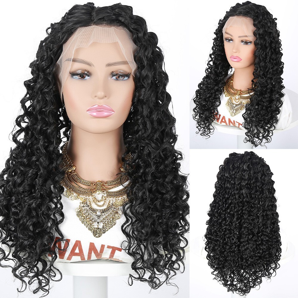 1 set Hair Front Wig Womens Human Synthetic Long Curly Lace Wavy Hair Wigs Black