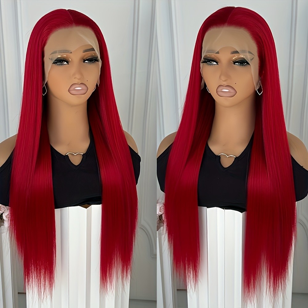 Red Heat Resistant Glueless Frontal Lace Replacement Wigs Pre Plucked Natural