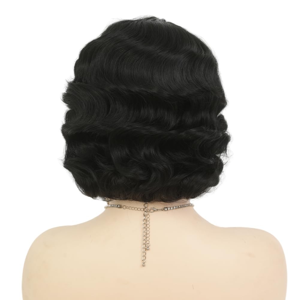 Salaibs Black Finger Wave Wigs for Women 1920s Wig Vintage Wigs Synthetic Fiber