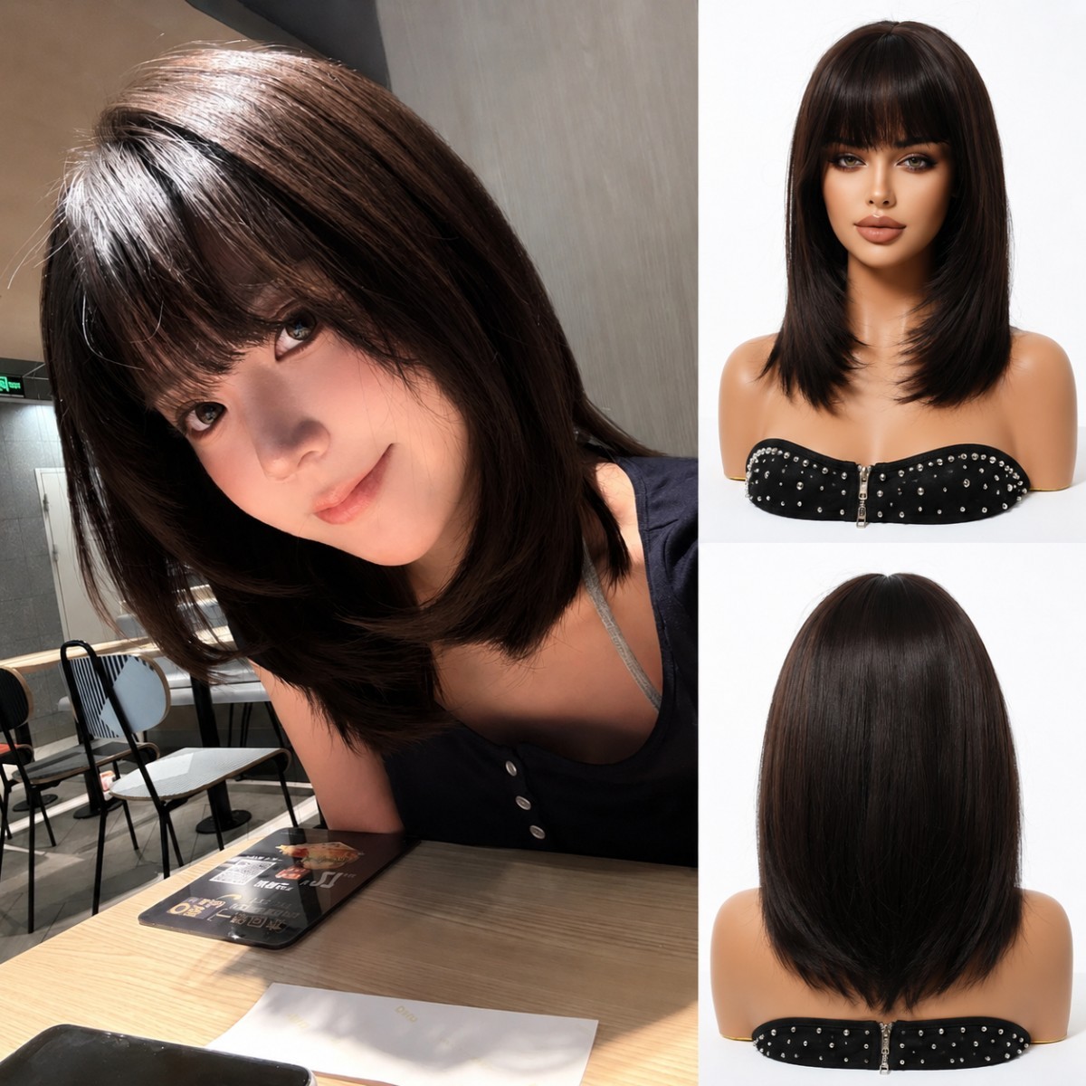 Halloween Heat Resistant Hair Cosplay Wig With Fringe Dark brown Straight