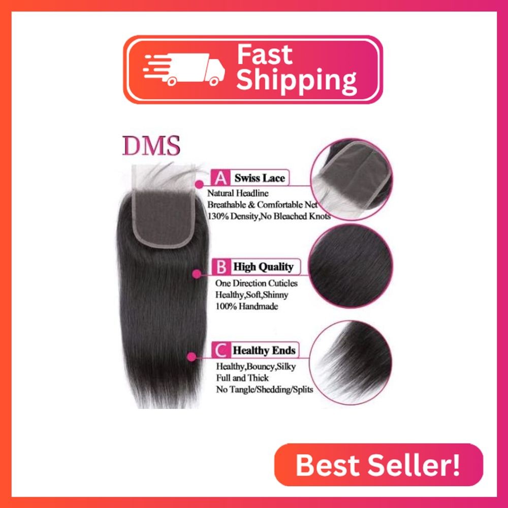 DMS Human Hair Straight Lace Closure 4×4 Free Part – 100% Unprocessed Natural Co