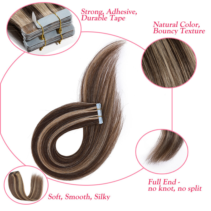 20PCS Brown Tape In 100% Real Human Hair Extensions Long Hair Mix Color 1.5g