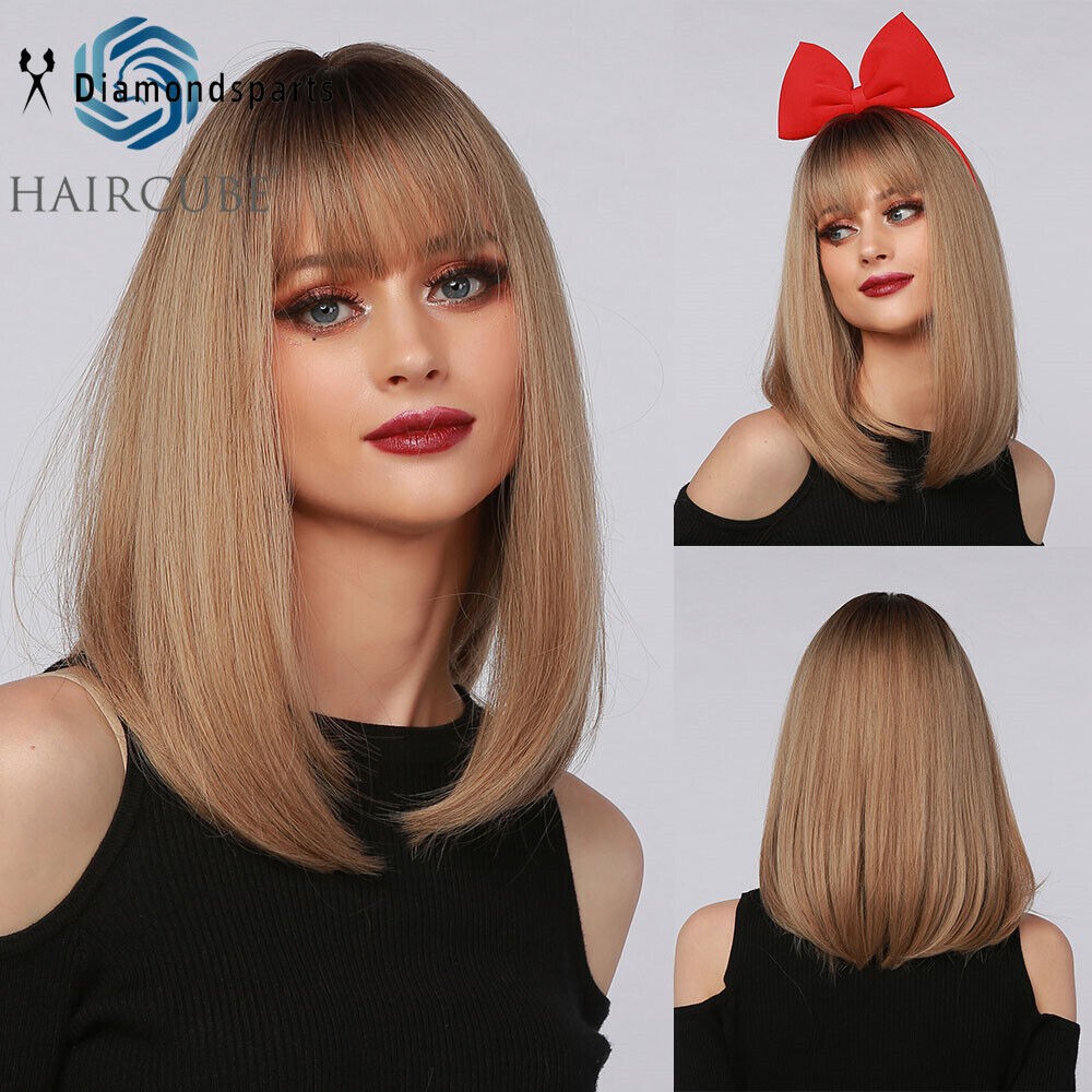 Short Bob Brown Blonde Natural Straight Hair Wigs Cosplay Costume Women Daily US