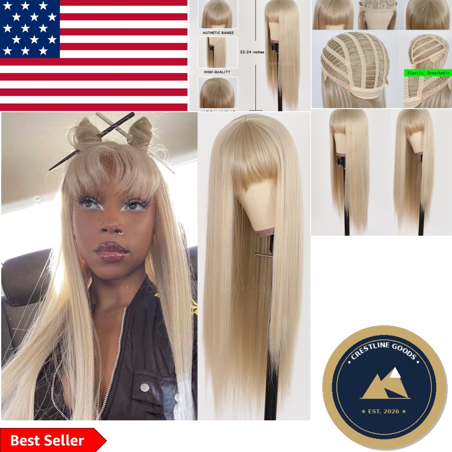 22-Inch Ash Blonde Wig with Bangs – Heat Resistant Synthetic & Glueless Design