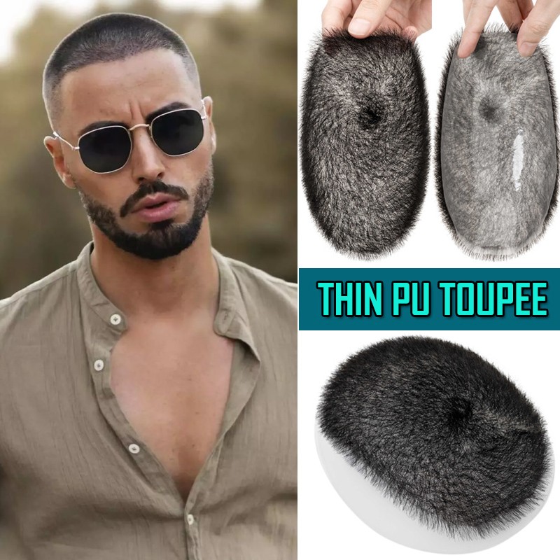 Mens Toupee Ultra Thin Skin PU Hairpiece 100% Human Hair Wig Short Buzz Cut Tape
