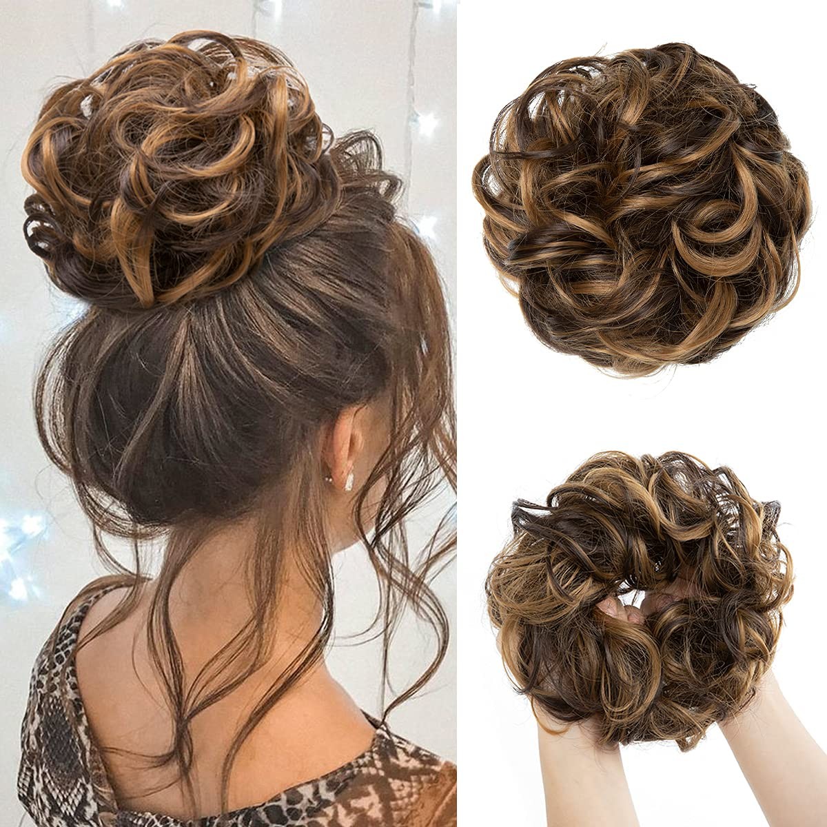 CJL HAIR Large Messy Bun Hair Piece Wavy Curly Dark Brown / Golden Blonde