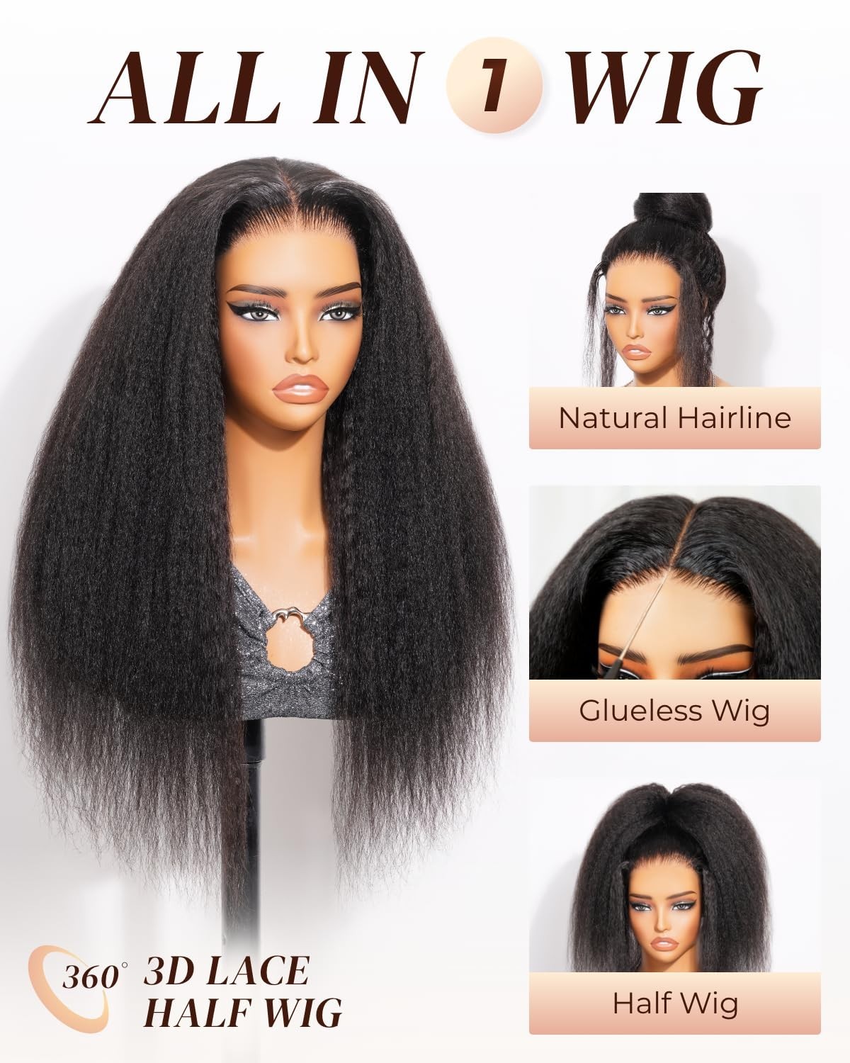3-in-1 Half Wig Kinky Straight Glueless HD Lace Human Hair 24″ Yaki 210% Density