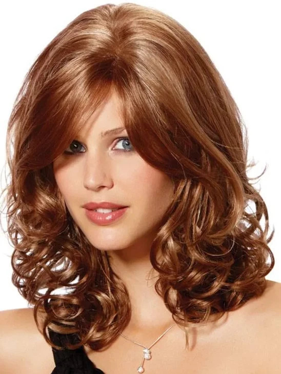 100% Human Hair New Fashion Charming Women’s Medium Light Brown Curly Wigs 16 In