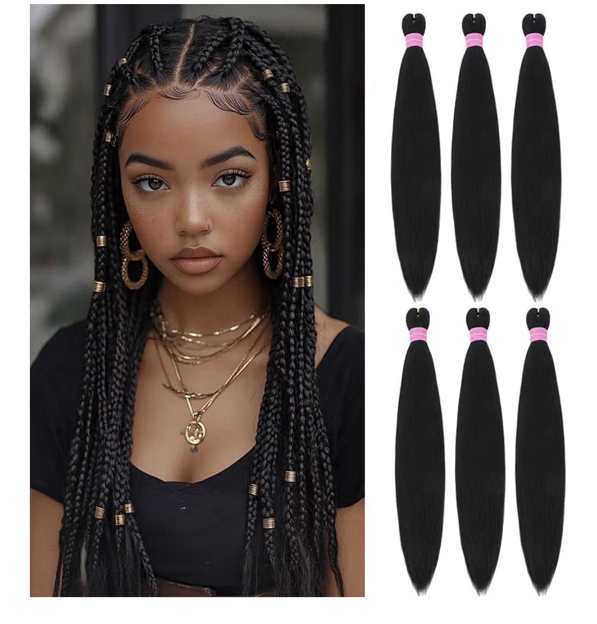 Braiding Pre Stretched 20 Inch 6Pcs/Pack Hair Extensions Yaki Synthetic 1B Black