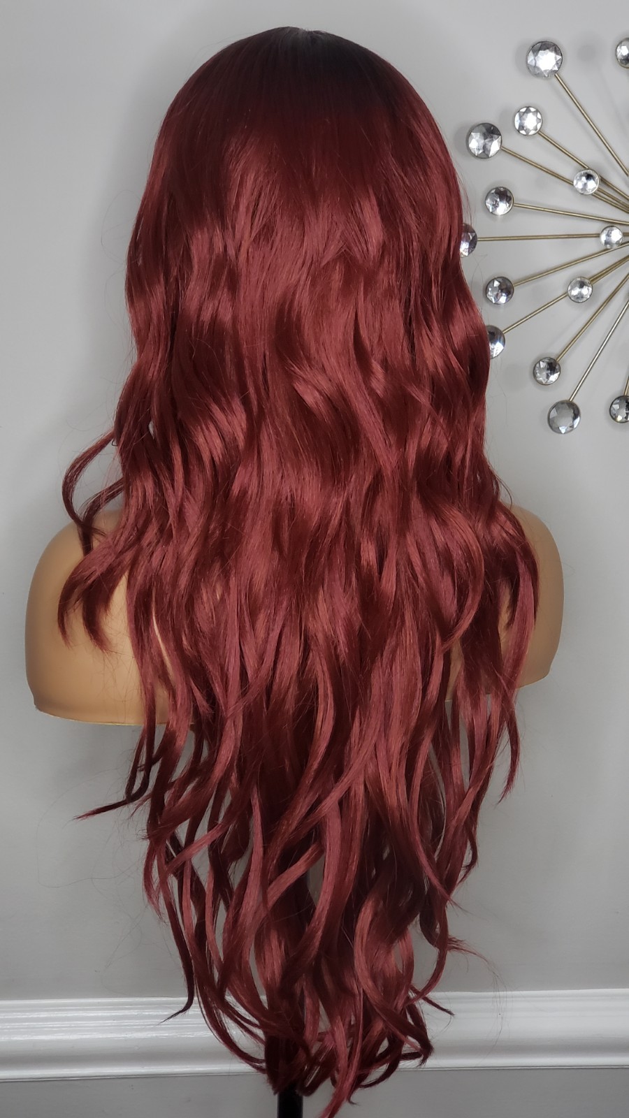 New Long Burgundy Red Wavy Full Cap Wig Bang Style Heat Resistant Hair Womens